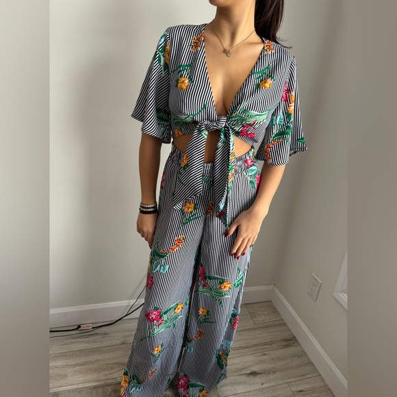 Socialite Black and White Stripe Floral Jumpsuit - Picture 2 of 8